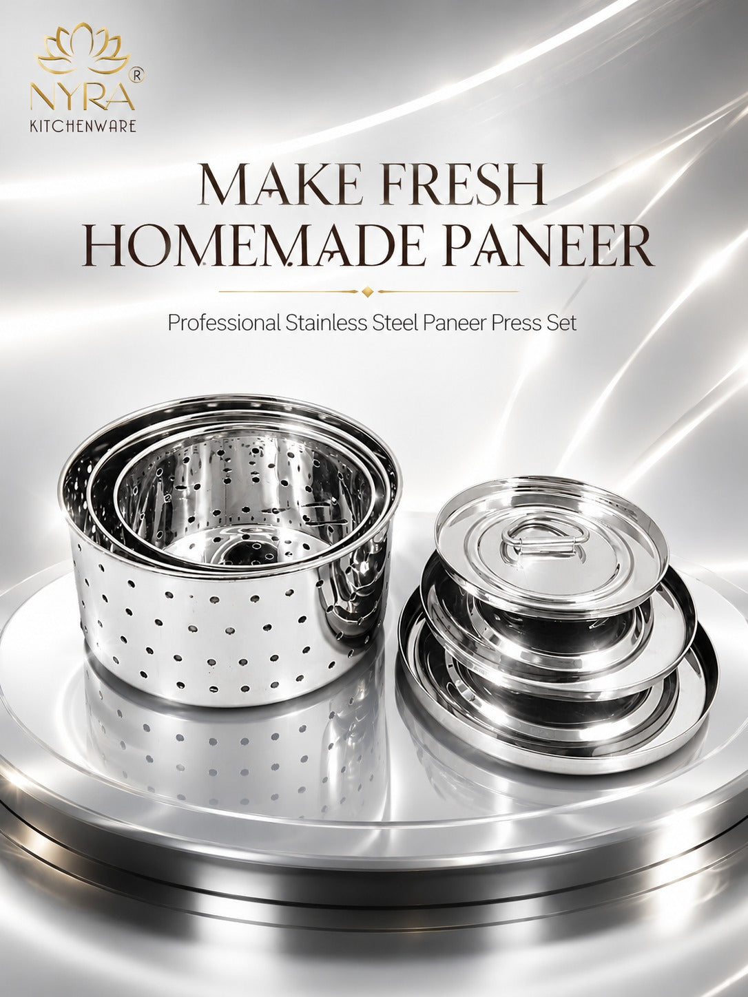 Stainless Steel Glossy-Finish Round Cheese/Paneer Maker - Quick Press Mould - 3 Sizes