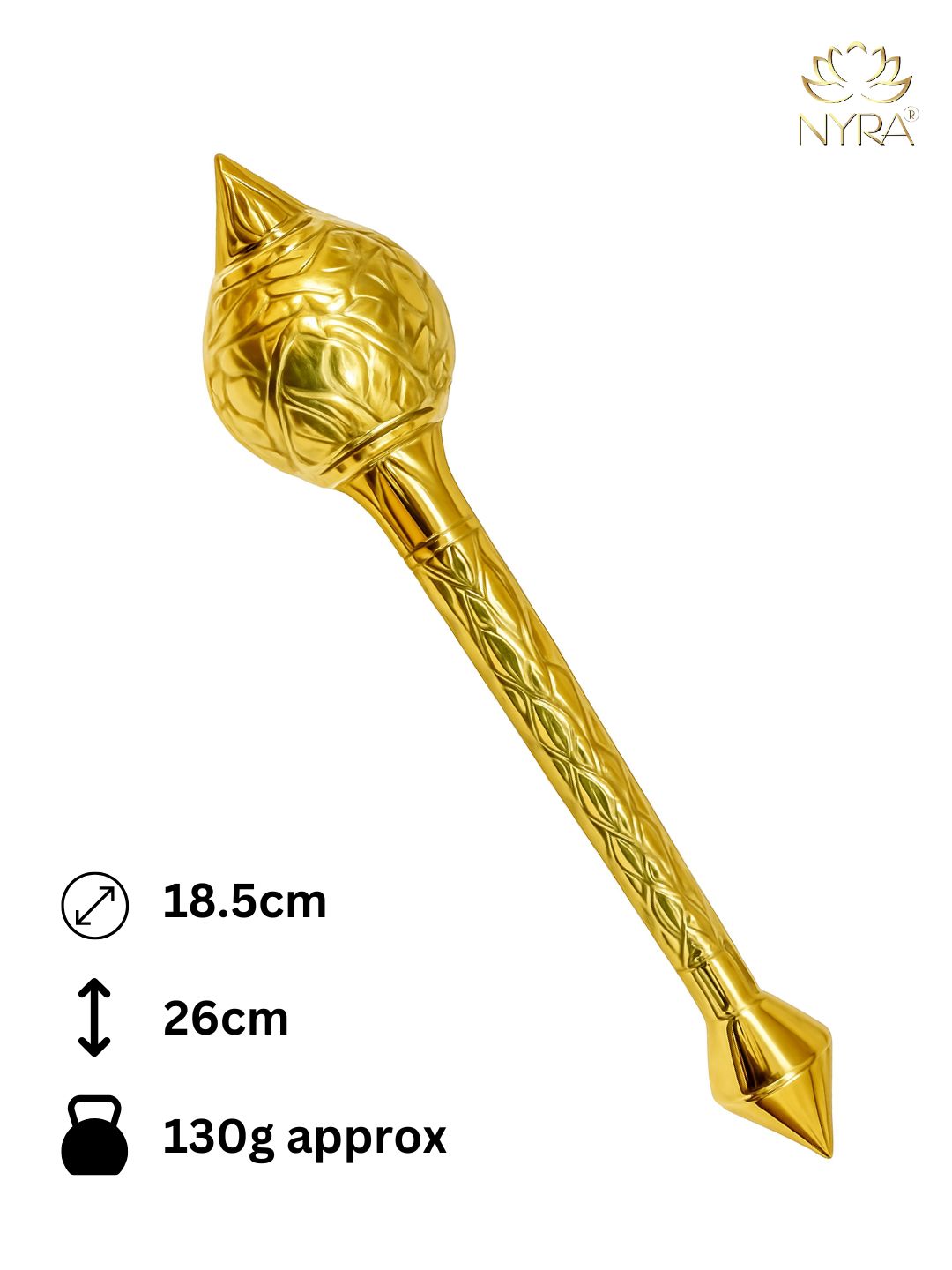 Peetal decorative gada with measurements and NYRA branding on a white background