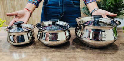 Stainless Steel Pulao Handi with Lid and PVC Knob – Set of 3