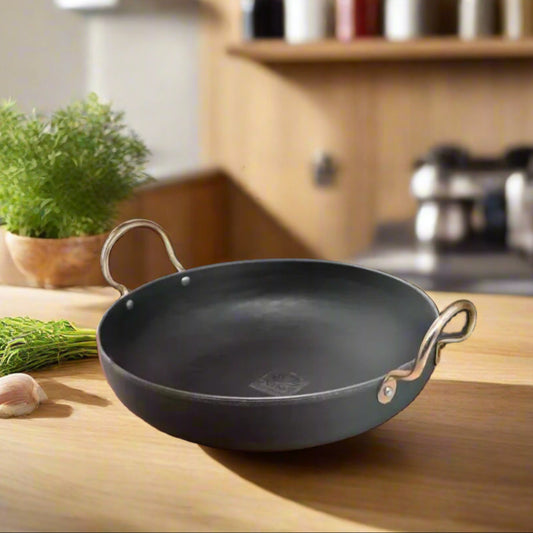 Pure Iron Wok/Deep Kadhai with Sturdy Handle 