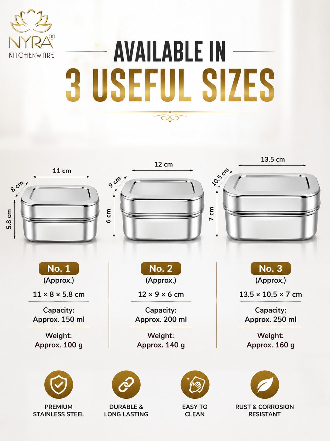 Stainless Steel Mini Rectangle Storage Box/Containers With Lid – Set of 3 Pcs