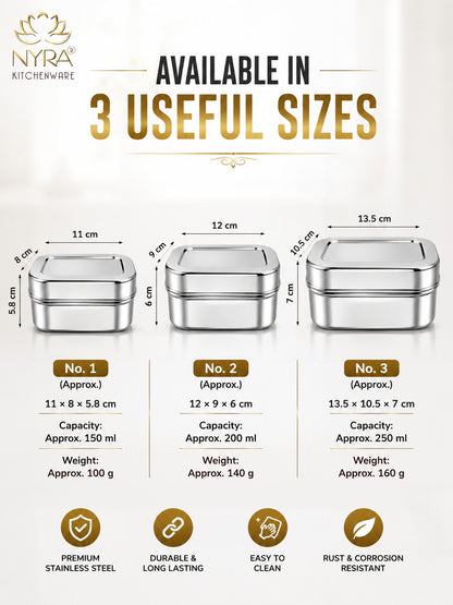 Stainless Steel Mini Rectangle Storage Box/Containers With Lid – Set of 3 Pcs