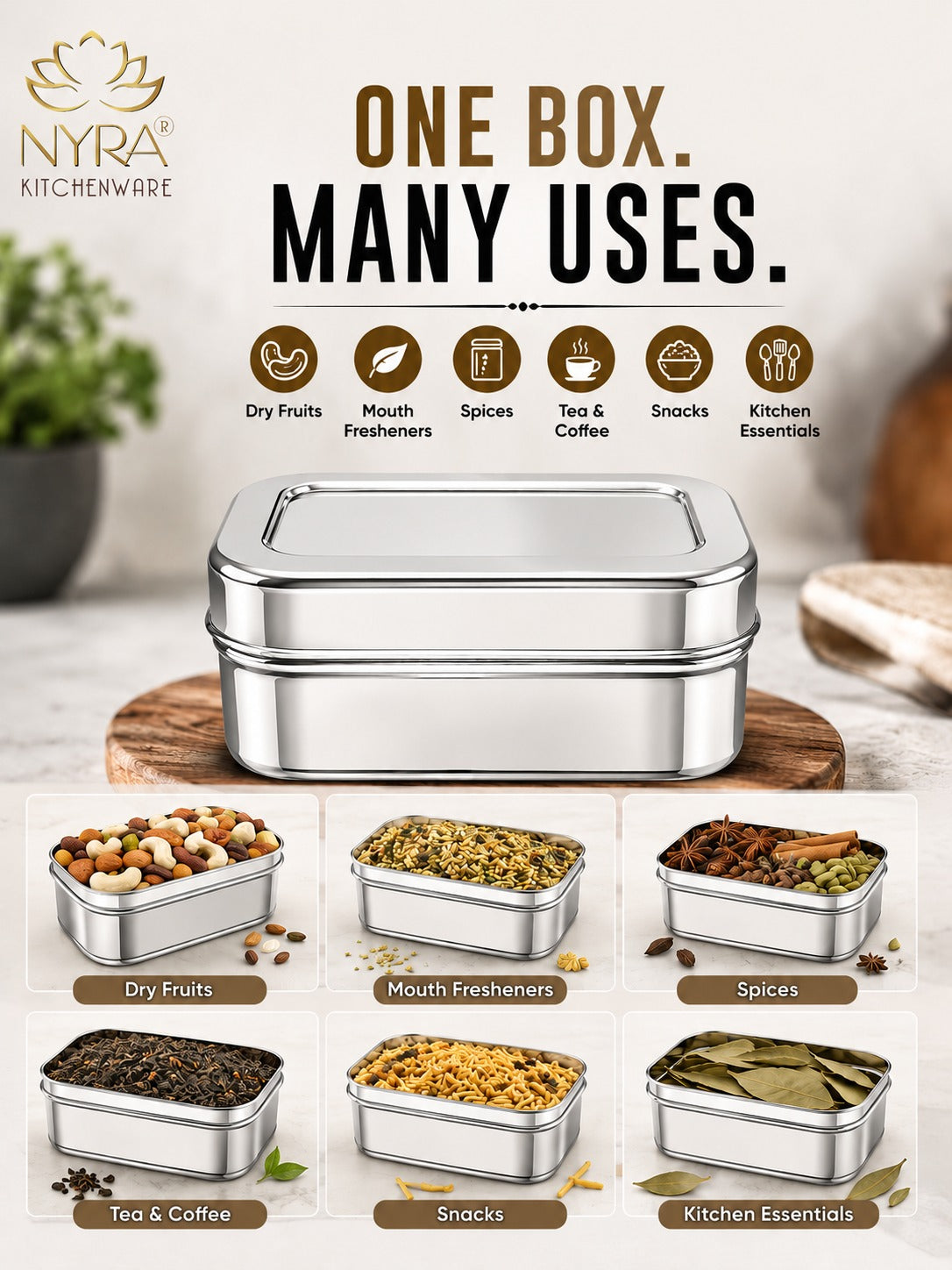 Stainless Steel Mini Rectangle Storage Box/Containers With Lid – Set of 3 Pcs