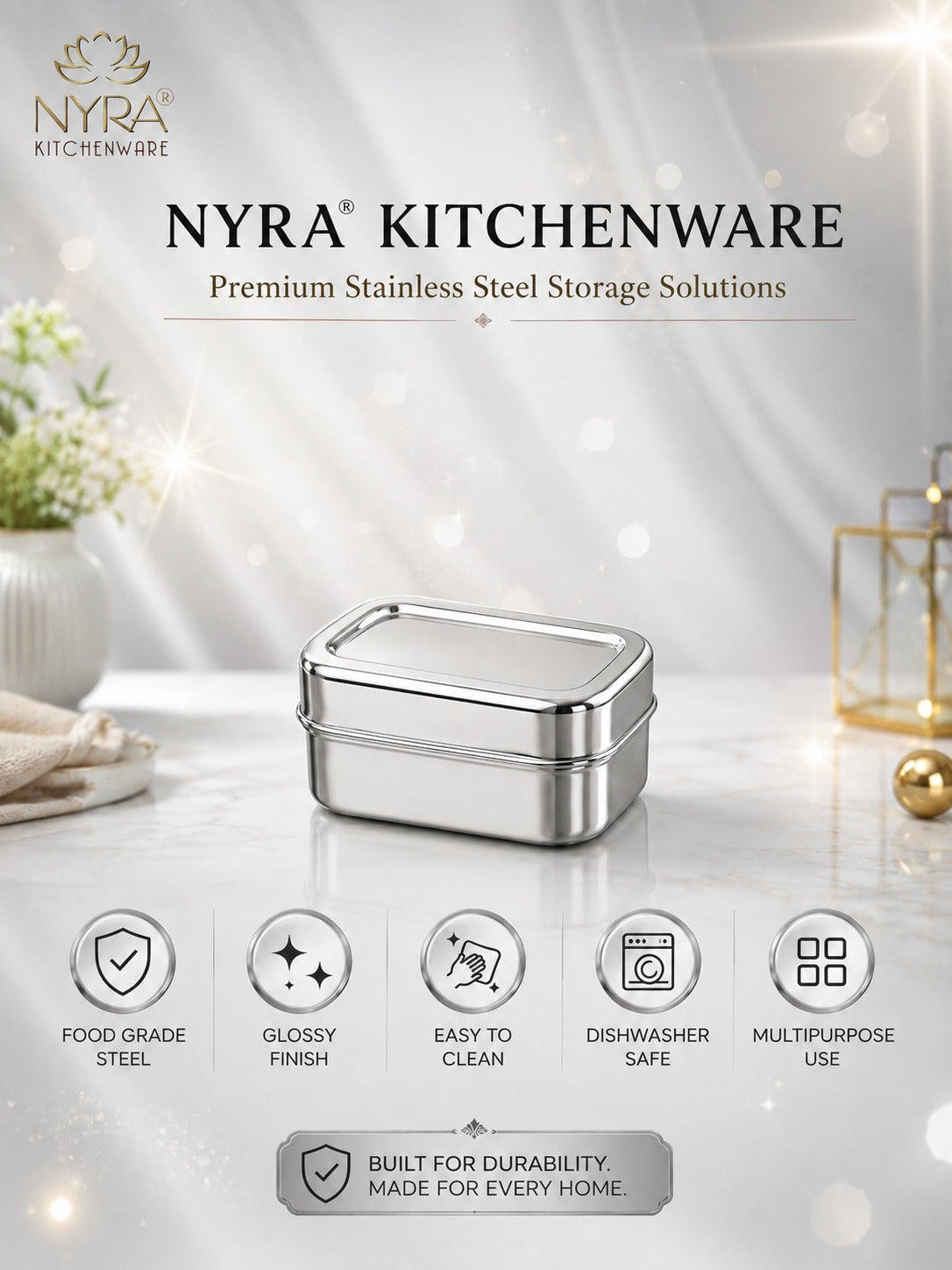 Stainless Steel Mini Rectangle Storage Box/Containers With Lid – Set of 3 Pcs