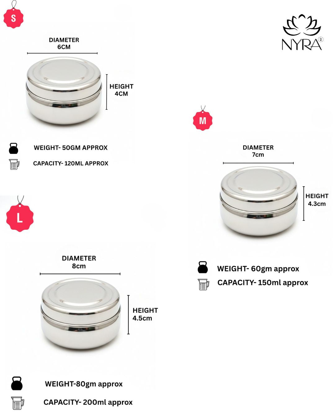 Stainless Steel Round Dibbi/Box set of 3pcs | Multipurpose Mini Storage Containers for Kitchen & Home
