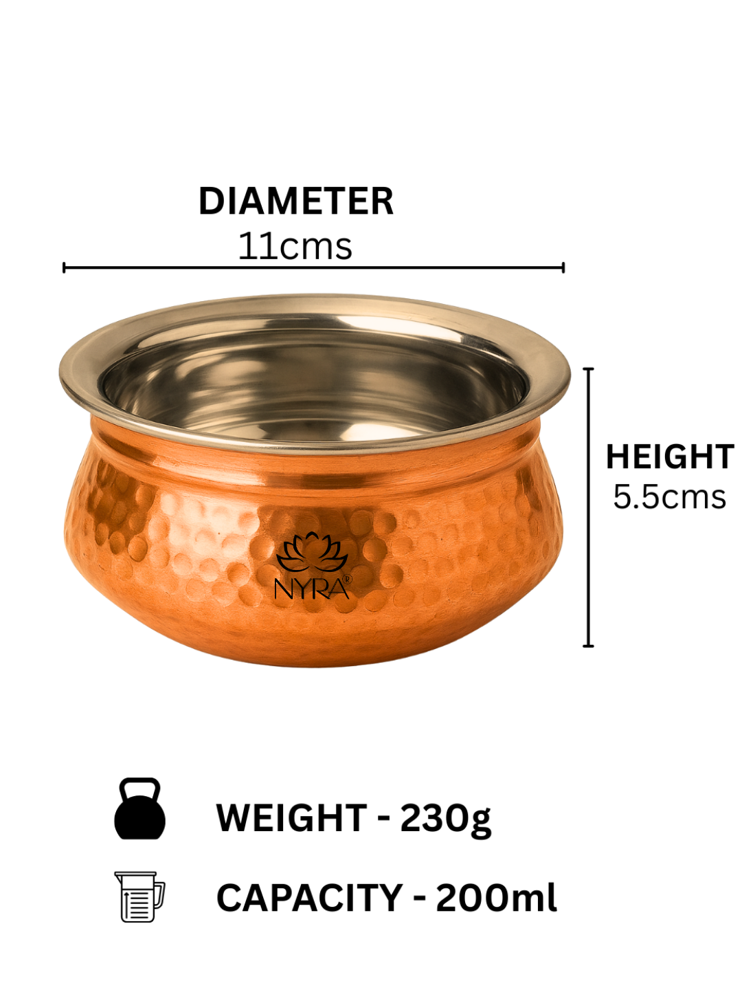 Premium Copper Handi Insulated with Stainless Steel | Traditional Serving Pot/Tableware for Homes, Restaurants & Hotels
