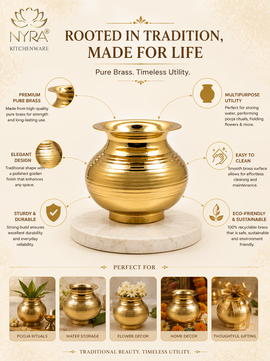 Pure Brass Kalash | Peetal Lota - Avaiable in 3 sizes