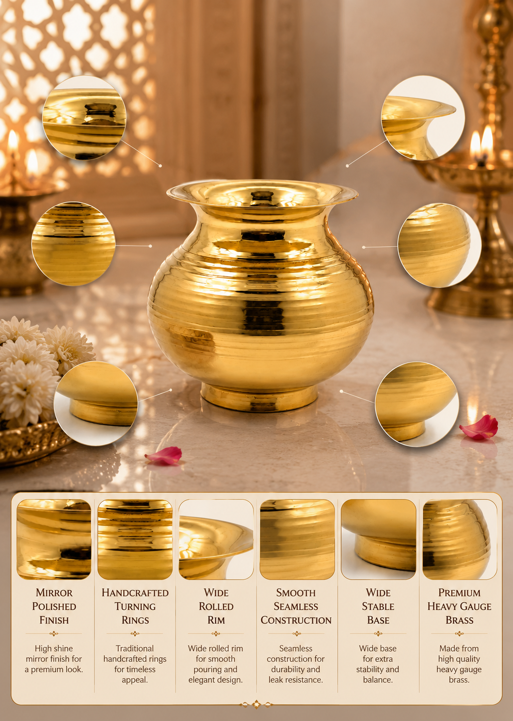 Pure Brass Kalash | Peetal Lota - Avaiable in 3 sizes