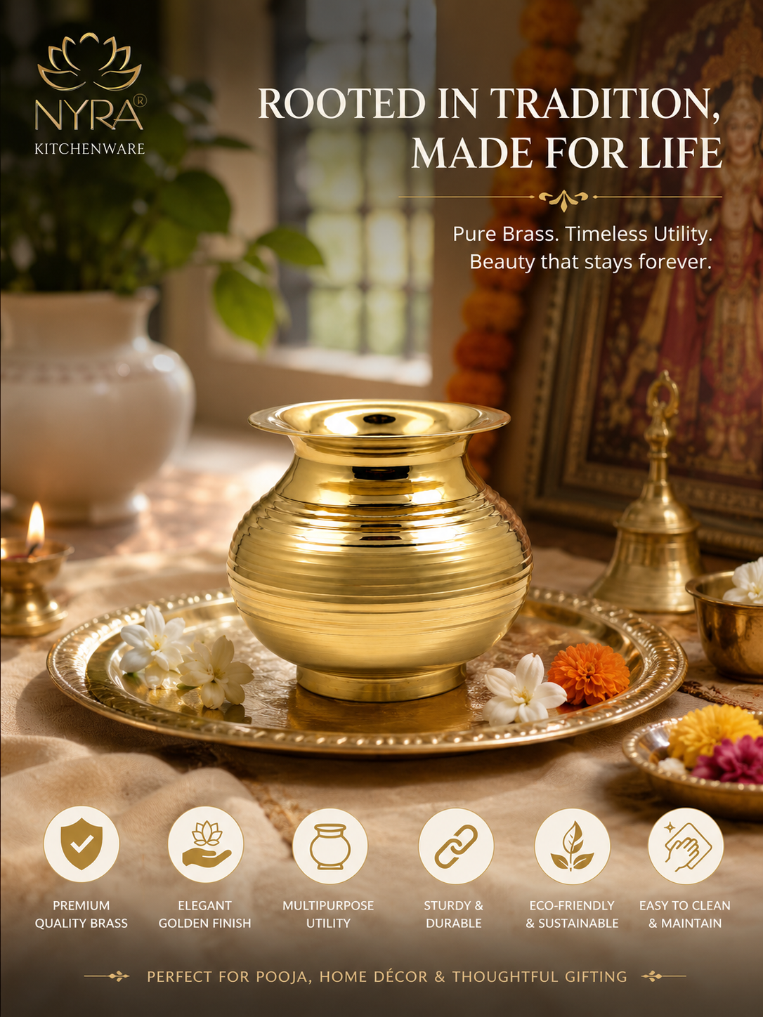 Pure Brass Kalash | Peetal Lota - Avaiable in 3 sizes