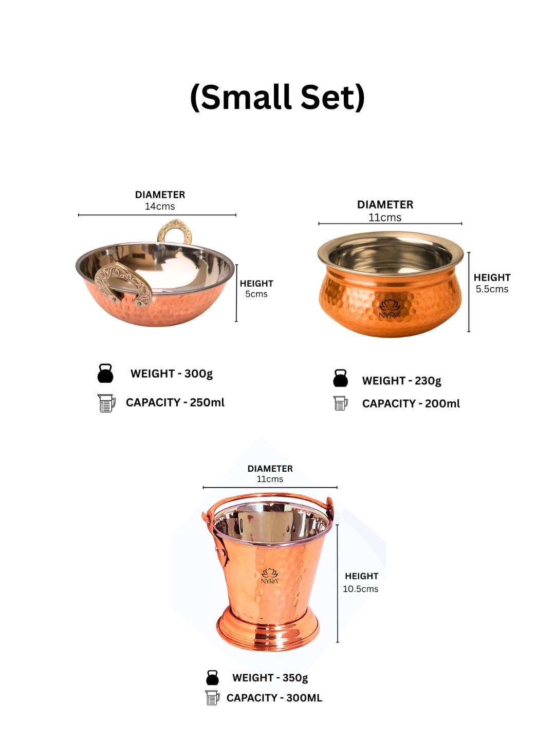 Copper Serving Handi, Bucket & Wok | Hammered Serveware Set of 3 - Copper with Stainless Steel Inside |