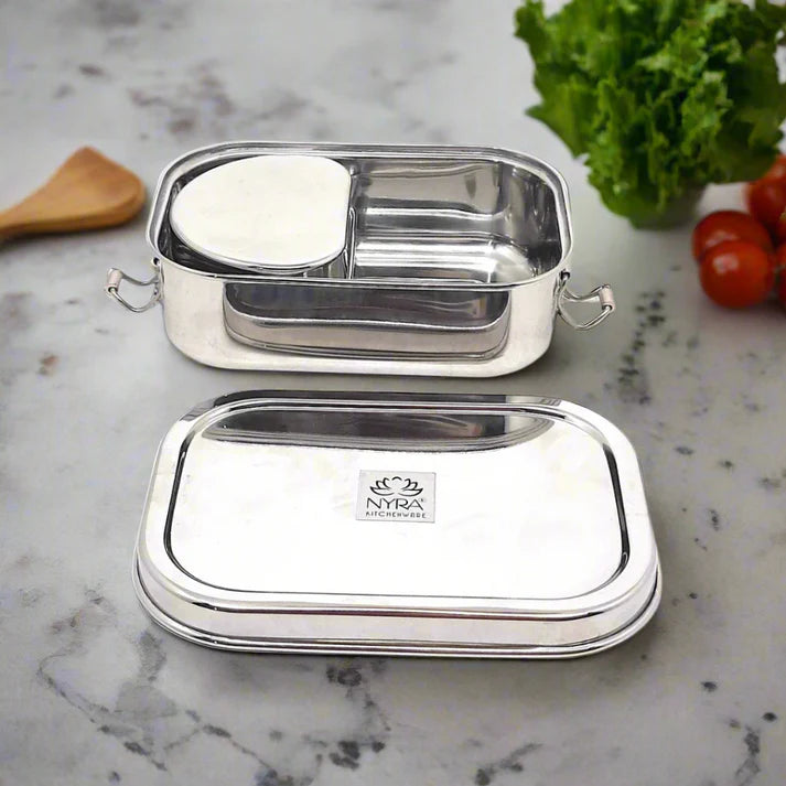 Stainless Steel Rectangular Lunch Box | Leak-Proof Tiffin with Inner Container & Locking Clip