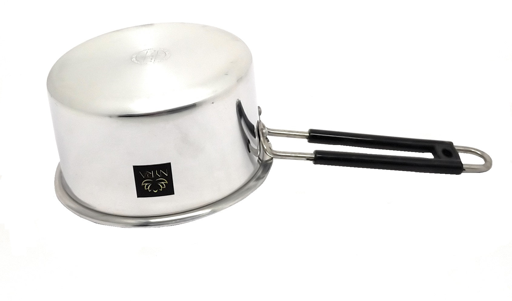 Stainless steel saucepan with black handle on a white background