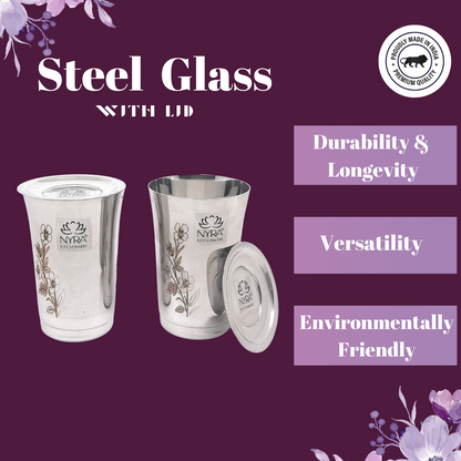 Premium Stainless Steel Floral Print Glass Set with Lid | Coaster