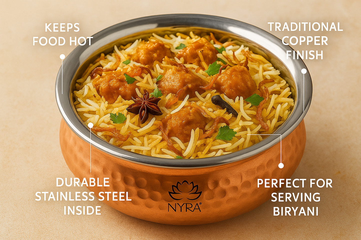 Premium Copper Handi Insulated with Stainless Steel | Traditional Serving Pot/Tableware for Homes, Restaurants & Hotels