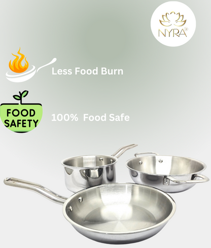 Triply Stainless Steel Cookware Set – Medium Frypan ,Saucepan & Small Wok - Induction Compatible