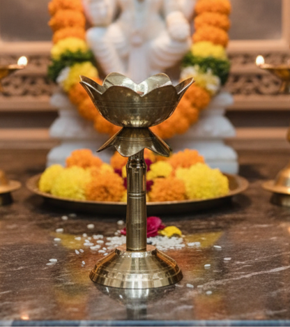 Brass Lotus Kamal Diya | Premium Handmade Akhand Oil Lamp - Pooja Brass Diya Stand