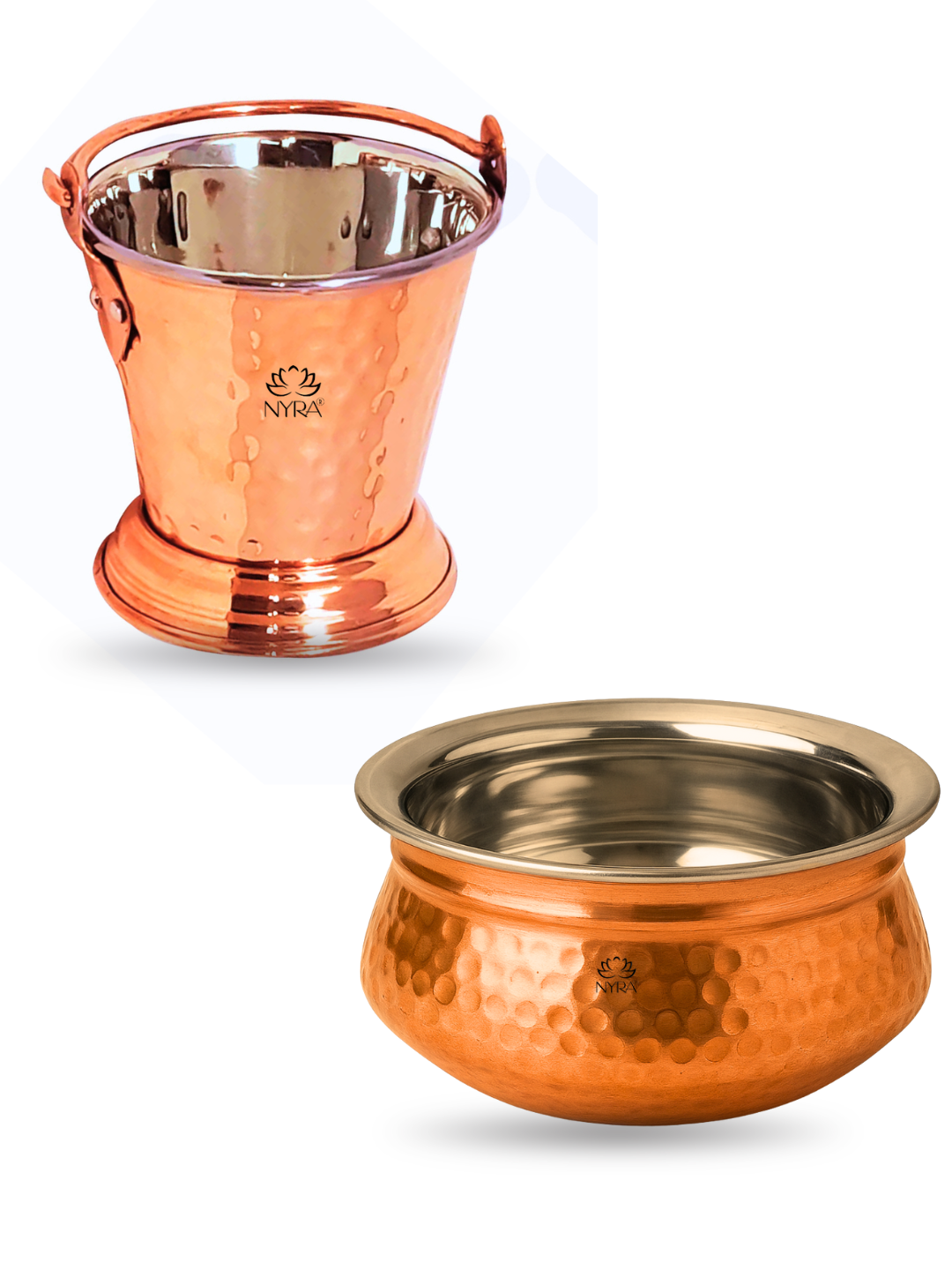 Copper Hammered Serving Bucket & Handi Bowl | Dual-Layer with Stainless Steel Interior Tableware Set