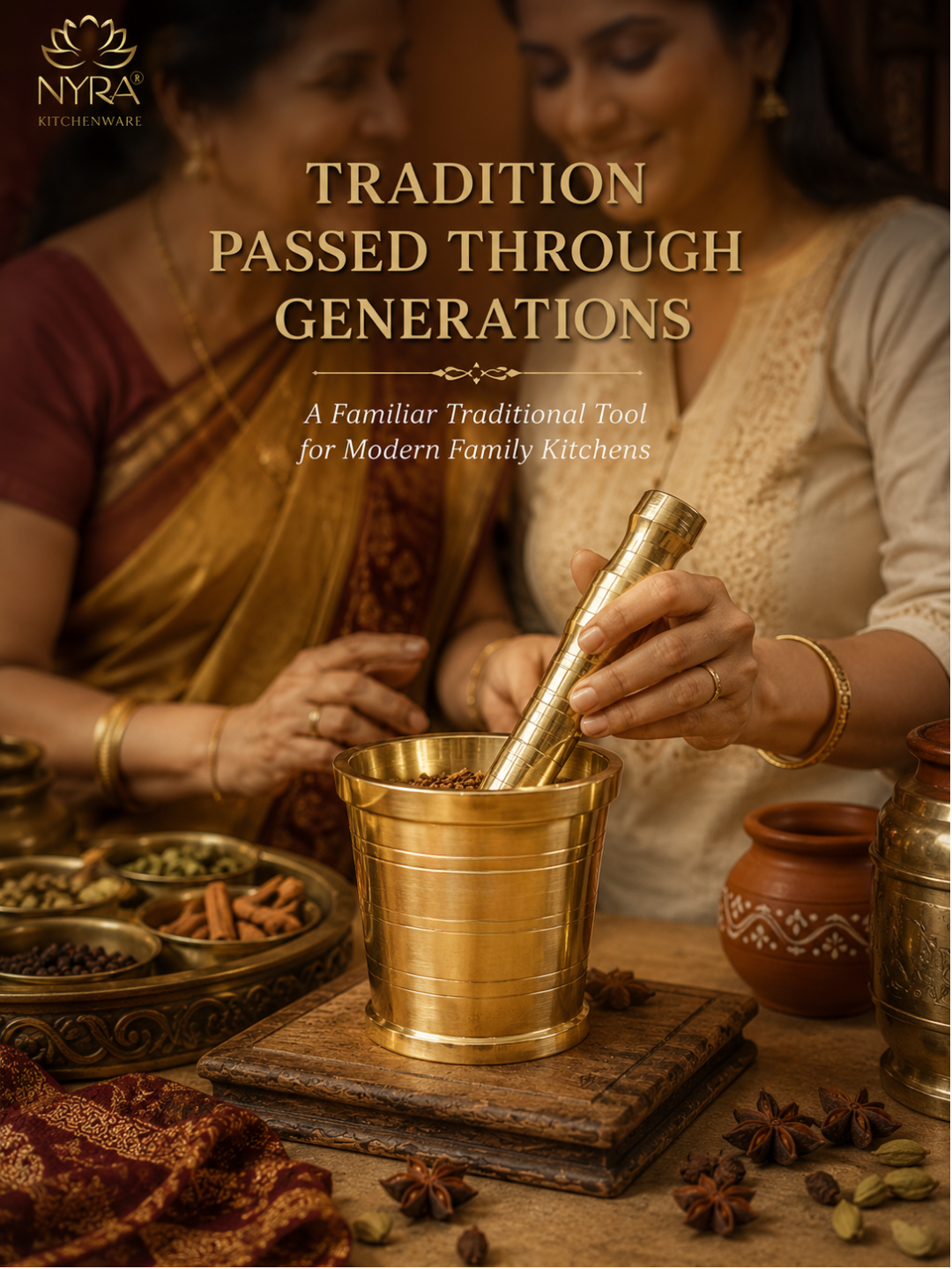 A warm promotional scene showing two women in traditional attire preparing spices together, with a brass mortar and pestle in the foreground and the text 'Tradition Passed Through Generations' and 'A Familiar Traditional Tool for Modern Family Kitchens.' The NYRA logo appears in the top left.