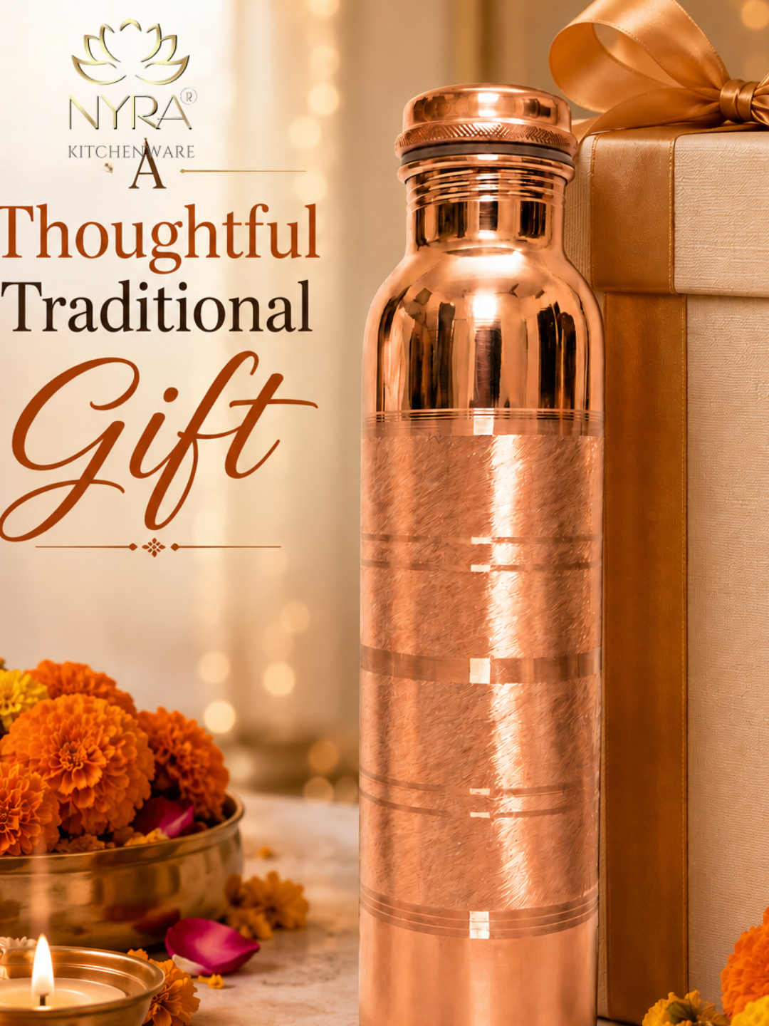 Pure Copper Water Bottle | Leak-Proof with Screw Cap | Glossy Silver-touch Copper Bottle
