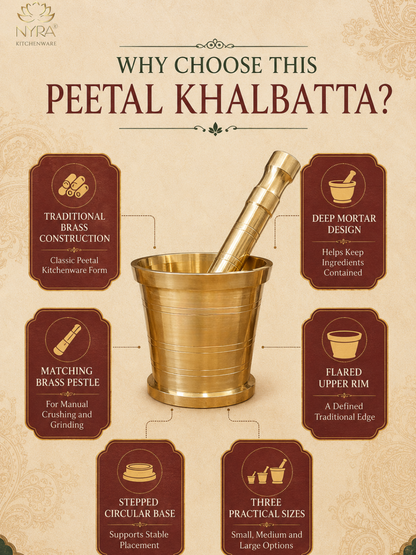 An informational graphic for a brass peetal khalbatta mortar and pestle set, featuring a central brass mortar and pestle on a beige background with six labeled feature callouts around it.