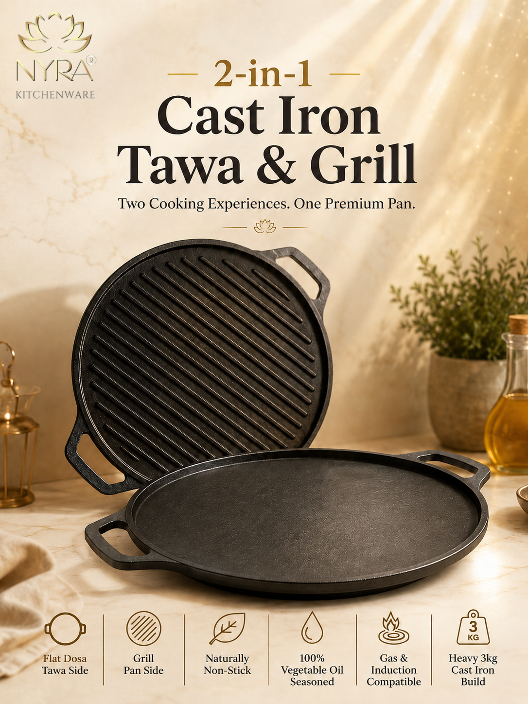 2-in-1 Cast Iron Dosa Tawa & Grill | Naturally Non-Stick, Induction & Gas Compatible