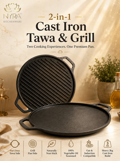 2-in-1 Cast Iron Dosa Tawa & Grill | Naturally Non-Stick, Induction & Gas Compatible