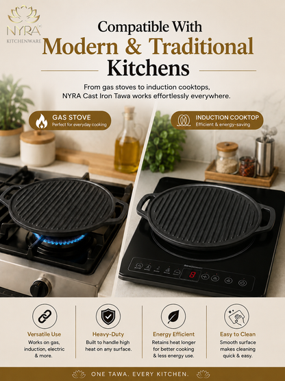 2-in-1 Cast Iron Dosa Tawa & Grill | Naturally Non-Stick, Induction & Gas Compatible