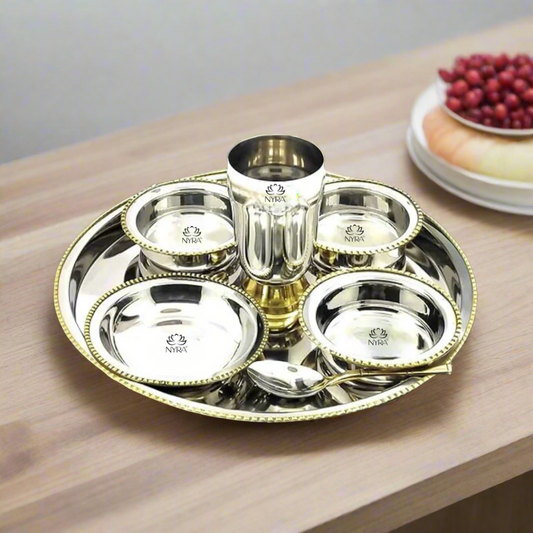 Stainless-Steel Two-Tone Thali Set with Brass detailing – 7 Pcs Set