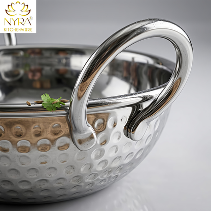 Stainless Steel Hammered Finish Kadhai with Handles – Premium Serveware Set