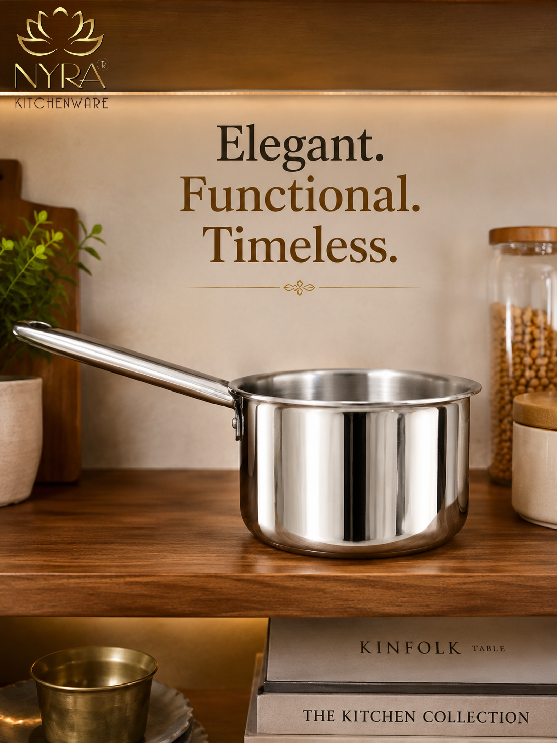 A stainless steel saucepan with a long handle sits on a wooden shelf in a kitchen setting, with the text 'Elegant. Functional.