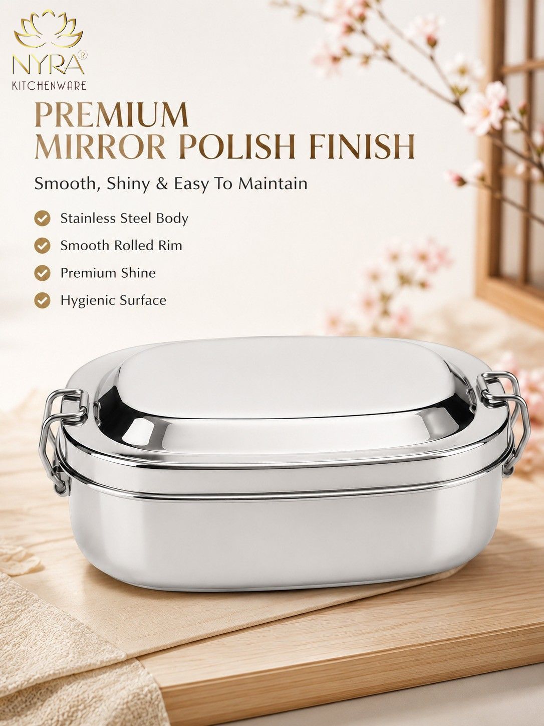 Stainless Steel Lunch Box for School & Office | Glossy Steel Tiffin Box with Double Decker Separator | Durable Food Storage Container for Kids & Adults