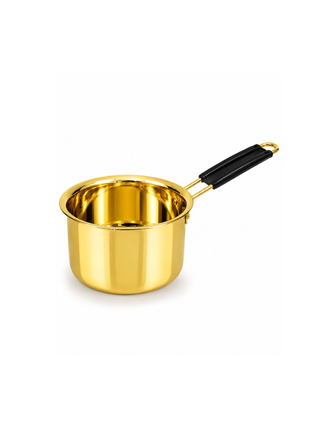 A shiny gold metal saucepan with a black handle and gold loop, isolated on a white background.