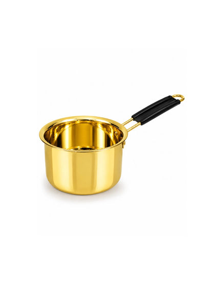 A shiny gold metal saucepan with a black handle and gold loop, isolated on a white background.