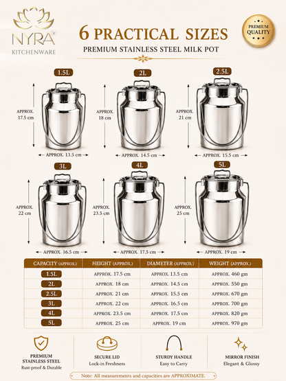 Premium Stainless Steel Milk & Oil Container with Lid – Durable Storage Solution - 6 Sizes