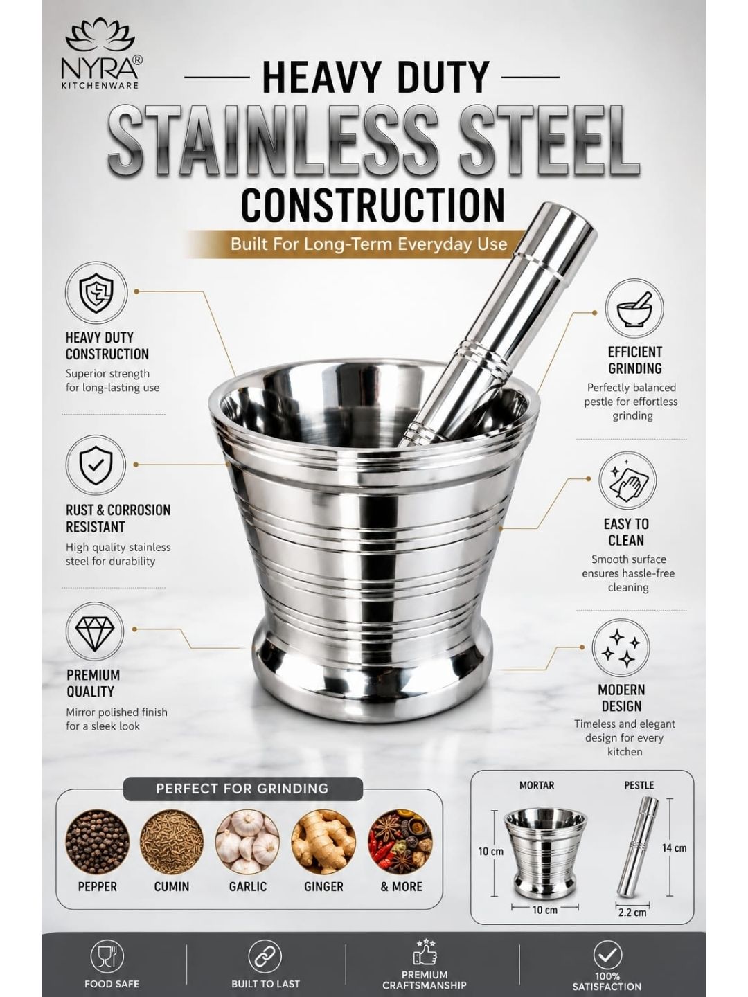 Premium Stainless Steel Mortar & Pestle Set/Khalbatta/Imam Dasta - 3 sizes