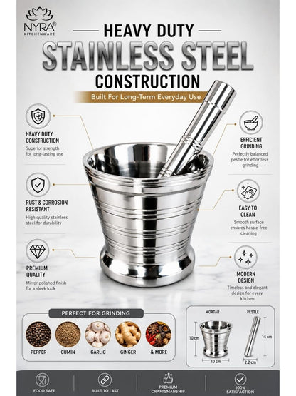 Premium Stainless Steel Mortar & Pestle Set/Khalbatta/Imam Dasta - 3 sizes