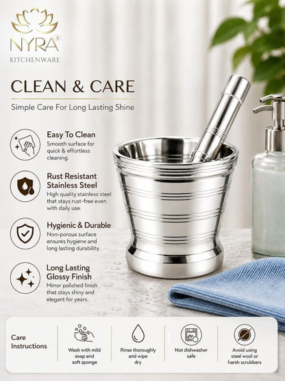 Premium Stainless Steel Mortar & Pestle Set/Khalbatta/Imam Dasta - 3 sizes
