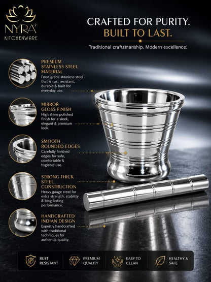 Premium Stainless Steel Mortar & Pestle Set/Khalbatta/Imam Dasta - 3 sizes