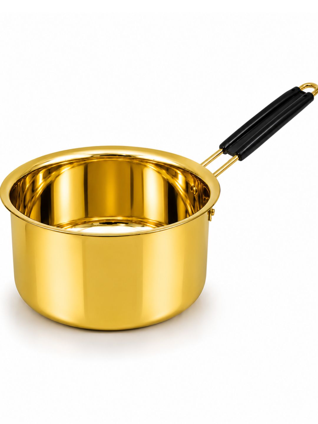A shiny gold metal saucepan with a black handle, shown on a clean white background.