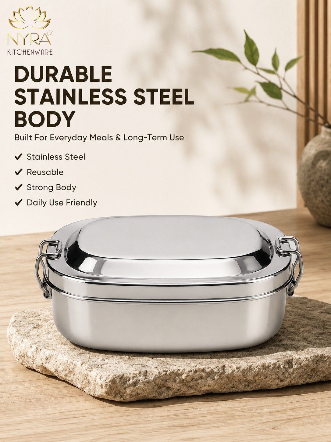 Stainless Steel Lunch Box for School & Office | Glossy Steel Tiffin Box with Double Decker Separator | Durable Food Storage Container for Kids & Adults