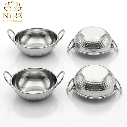 Stainless Steel Hammered Finish Kadhai with Handles – Premium Serveware Set