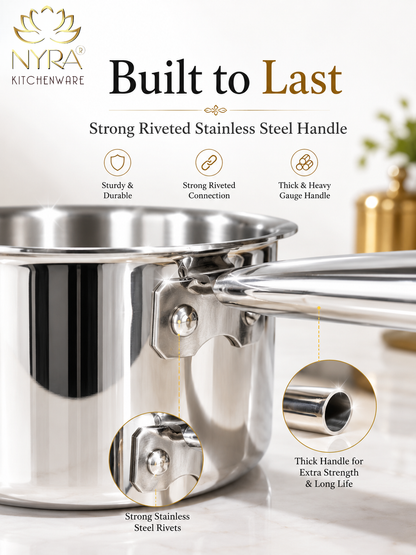 A stainless steel saucepan with a thick, reinforced handle on a light beige background. The image features marketing text reading 'Built to Last' and 'Strong Riveted Stainless Steel Handle,' along with circular detail callouts highlighting the rivets and the thick handle interior.