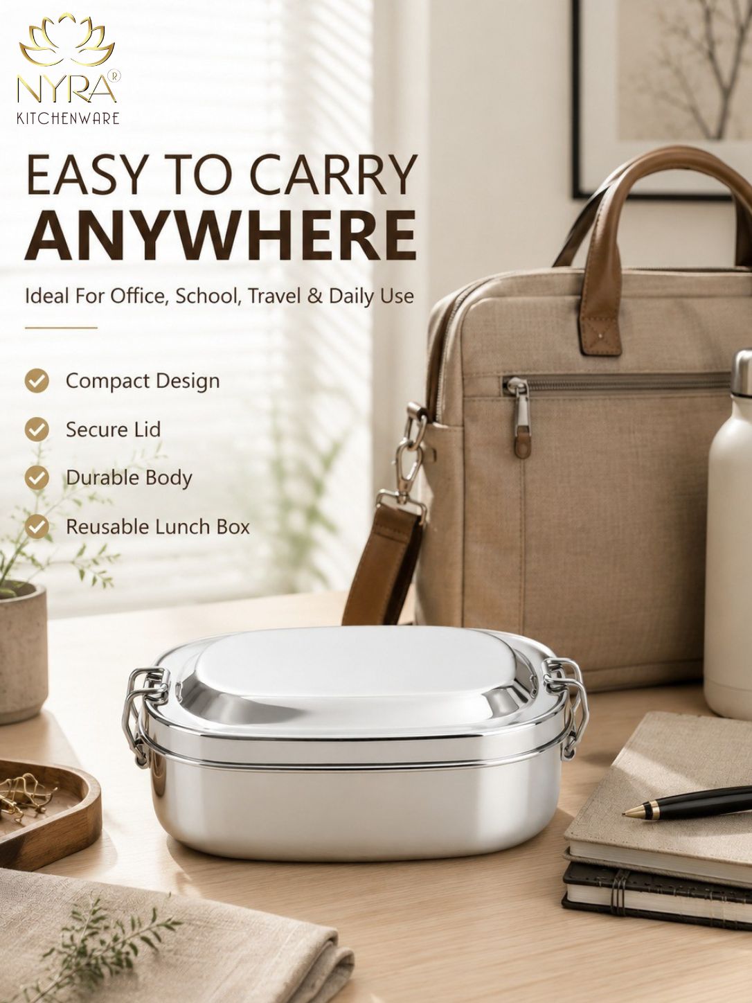 Stainless Steel Lunch Box for School & Office | Glossy Steel Tiffin Box with Double Decker Separator | Durable Food Storage Container for Kids & Adults