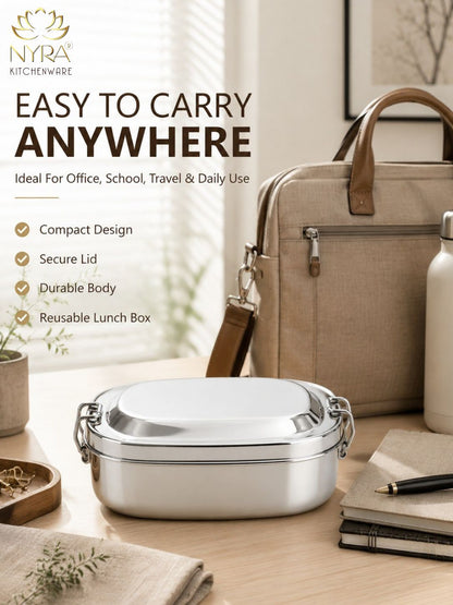 Stainless Steel Lunch Box for School & Office | Glossy Steel Tiffin Box with Double Decker Separator | Durable Food Storage Container for Kids & Adults