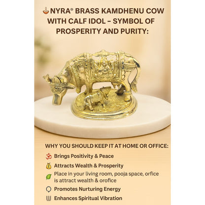 Pure Brass Kamdhenu Cow and Calf Idol | Handcrafted Gau Mata Statue with Detailed Carvings - Vastu & Pooja Decorative Showpiece