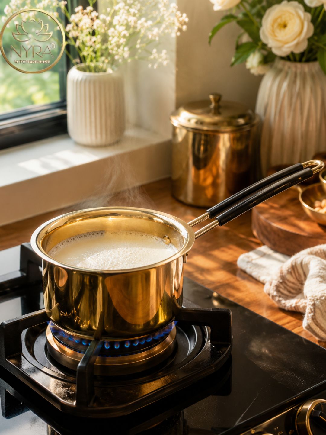 Pure Brass Saucepan - Thick Gauge Body, Ergonomic Heat‑Resistant Black Handle, Gas Stove Compatible | Traditional Indian Cookware