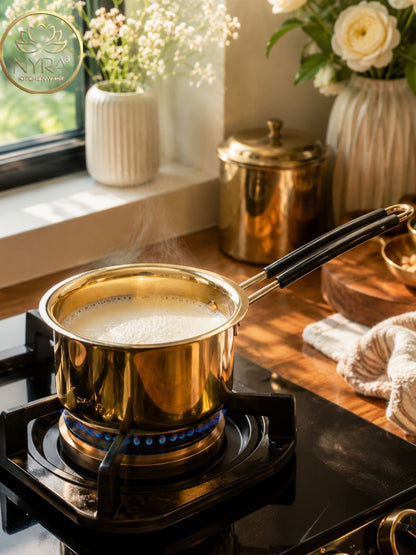 Pure Brass Saucepan - Thick Gauge Body, Ergonomic Heat‑Resistant Black Handle, Gas Stove Compatible | Traditional Indian Cookware