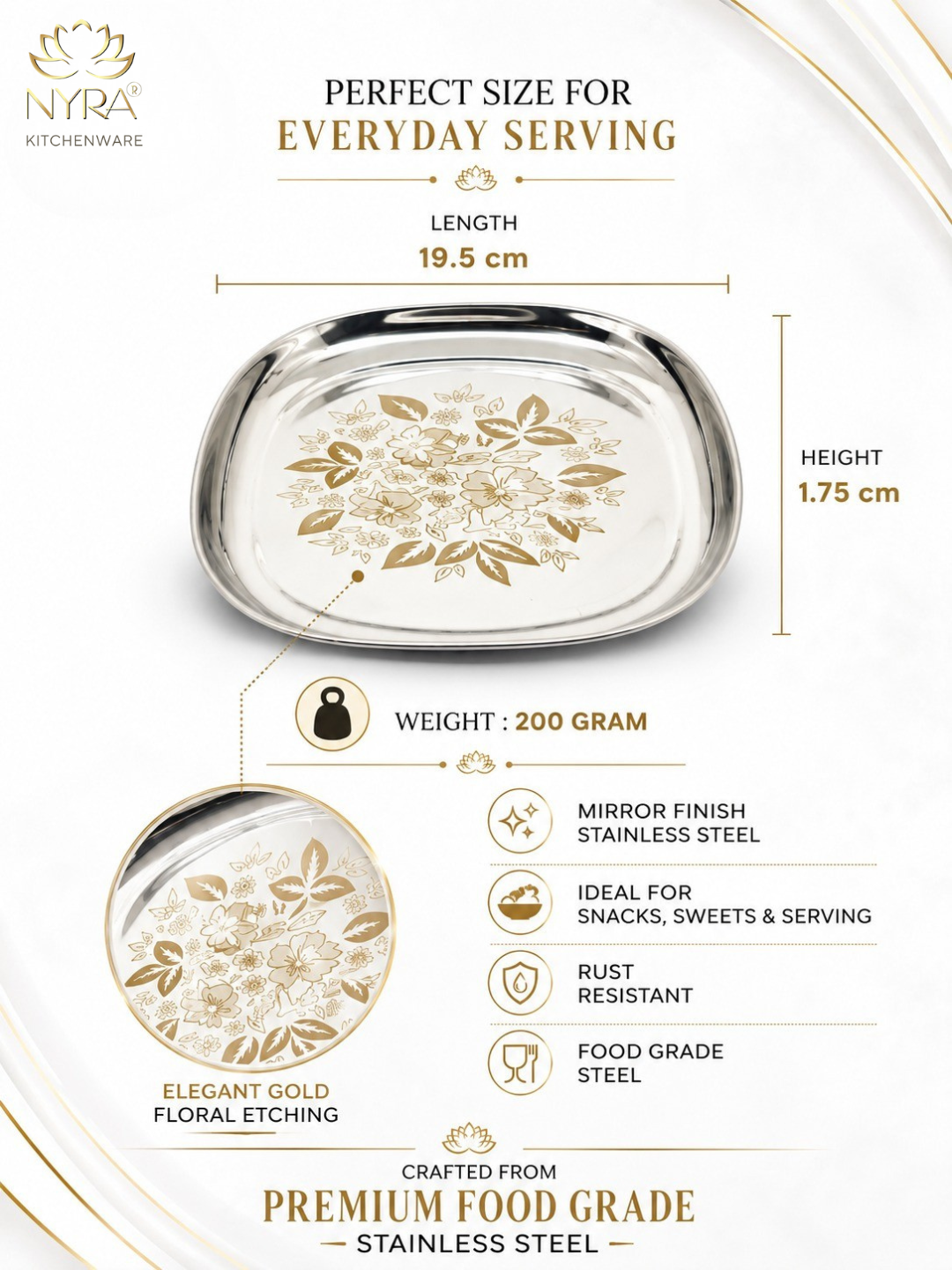 Stainless Steel Set of 12 pieces- Quarter and Full-Size Plates with Laser Print Set for Lunch/Dinner