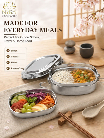 Stainless Steel Lunch Box for School & Office | Glossy Steel Tiffin Box with Double Decker Separator | Durable Food Storage Container for Kids & Adults