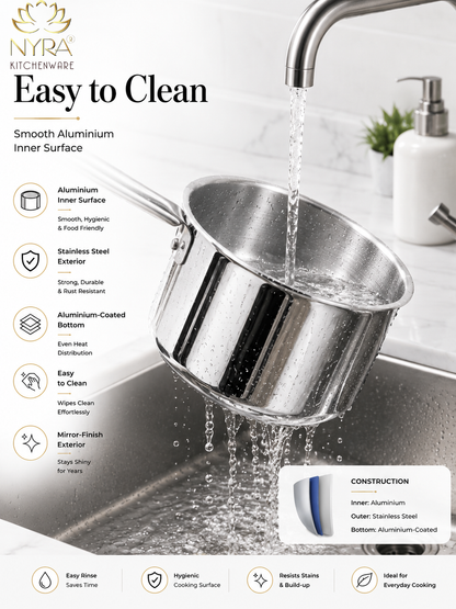 A stainless steel saucepan with a mirror-finish interior and aluminum exterior, shown under a running faucet in a kitchen sink. The image includes marketing text and icons highlighting the product's easy-to-clean, smooth aluminium inner surface, stainless steel exterior, and construction details.